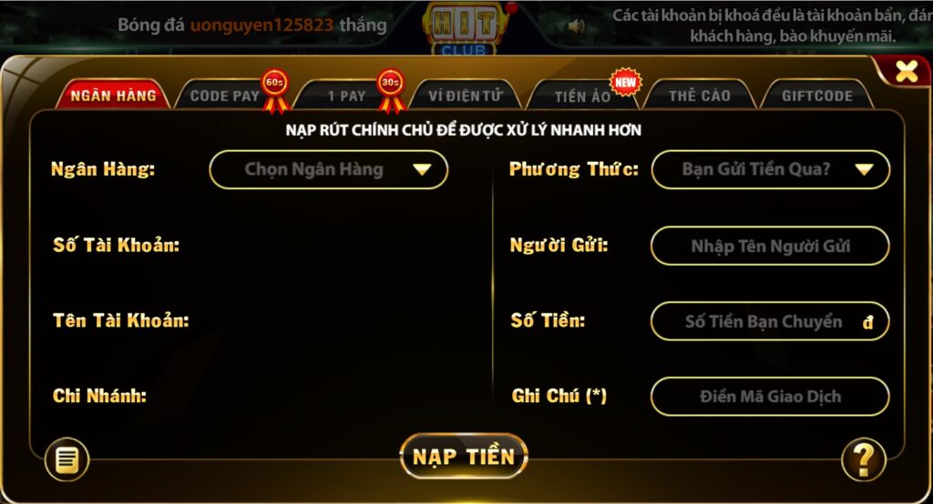 Nạp tiền Hit Club bằng tài khoản ngân hàng